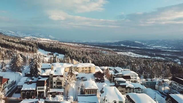 Aerial view of snowy mountain ski resort in Myoko, Niigata, Japan