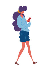 A young woman walks with a smartphone in her hands. Vector illustration of a lady in trendy multi-colored clothes.