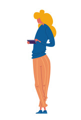 A young woman stands with a smartphone in her hands. Vector illustration of a young lady in trendy multi-colored clothes.
