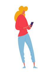 A young woman stands with a smartphone in her hands. Vector illustration of a young lady in nice red and blue clothes.