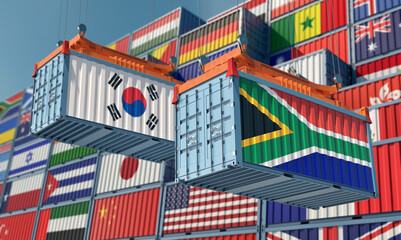 Freight containers with South Korea and South Africa flag. 3D Rendering 