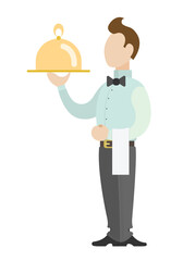 The waiter holds a platter with a dish in his hands. Vector illustration of a restaurant stuff.