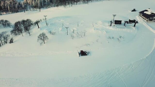 Aerial view of snowy mountain ski resort in Myoko, Niigata, Japan