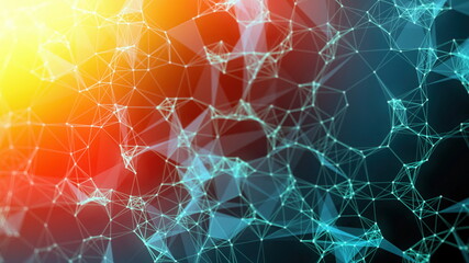 Molecules technology with linear and polygonal pattern shapes on dark blue background.