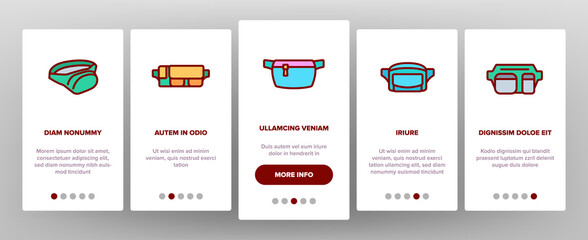 Waist Bag Accessory Onboarding Mobile App Page Screen Vector. Traveler Waist Bag Belt For Safety Carry Mobile Phone, Credit Card, Money or Document Illustrations