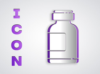 Paper cut Sports nutrition bodybuilding proteine power drink and food icon isolated on grey background. Paper art style. Vector Illustration.