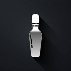 Silver Bowling pin icon isolated on black background. Long shadow style. Vector Illustration.