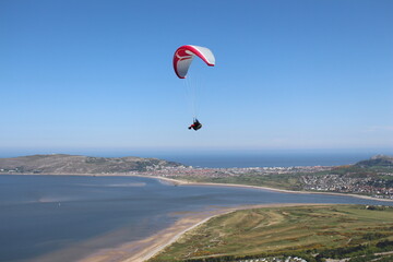 paraglider over the sea at Conwy Mountain