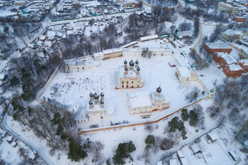 View from a great height of the Holy Trinity Makaryevo-Unzhenskiy Monastery on a January day (aerial photography). Makaryev. Kostroma region, Russia