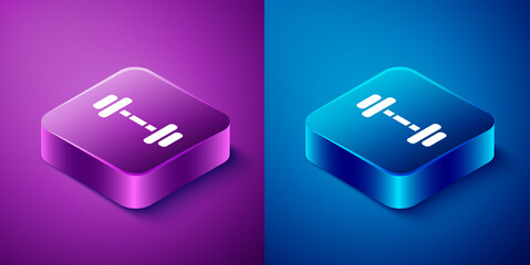 Isometric Dumbbell icon isolated on blue and purple background. Muscle lifting icon, fitness barbell, gym, sports equipment, exercise bumbbell. Square button. Vector Illustration.