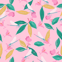 Dragonflies and medinilla showy flowers seamless pattern.Pink tropical bushes,big leaves with streaks.Large panicles and transparent wings.Juicy summer print.Trendy vector print for textile,web design