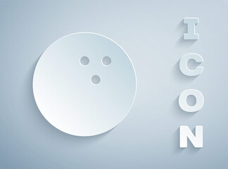 Paper cut Bowling ball icon isolated on grey background. Sport equipment. Paper art style. Vector Illustration.