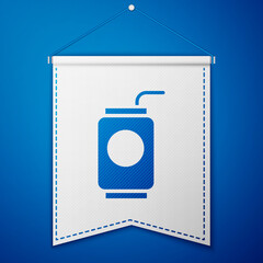 Blue Soda can with drinking straw icon isolated on blue background. White pennant template. Vector Illustration.