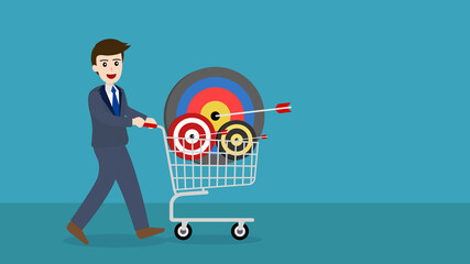 businessman with target and an arrow in a shopping cart.
