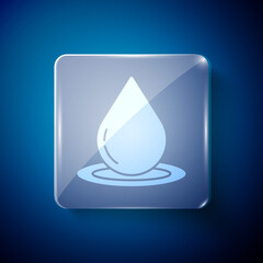 White Water drop icon isolated on blue background. Square glass panels. Vector Illustration.