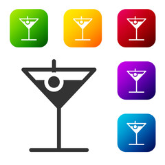 Black Martini glass icon isolated on white background. Cocktail icon. Wine glass icon. Set icons in color square buttons. Vector Illustration.