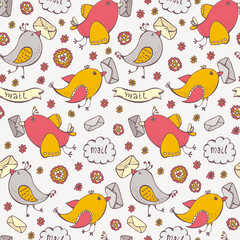 Birds with envelopes vector doodle seamless background