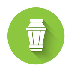 White Garden light lamp icon isolated with long shadow. Solar powered lamp. Lantern. Street lamp. Green circle button. Vector Illustration.