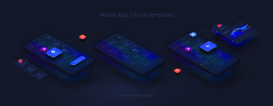 User experience kit. Smartphone mockup on black background with interactive user interface. The process of creating a mobile application. Website wireframe for mobile apps with active layers and links