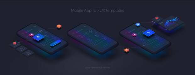 User experience kit. Smartphone mockup on black background with interactive user interface. The process of creating a mobile application. Website wireframe for mobile apps with active layers and links