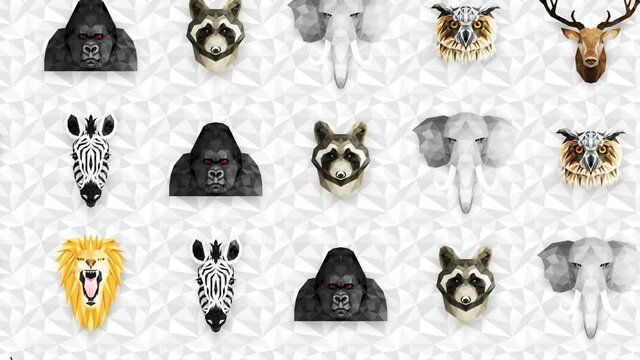 Collection of different animals. Zoo symbol. Low polygon icons. Lion, Gorilla, Zebra, Raccoon, Fox, Elephant, Deer, Owl. Geometric loop animation set.