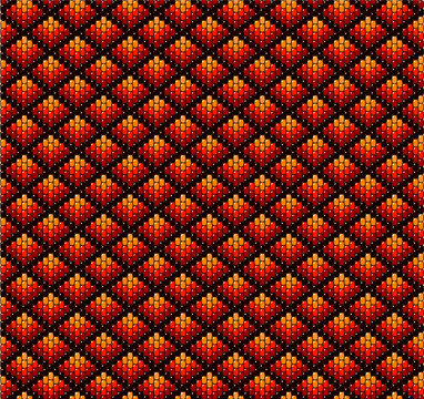 Beadwork background in warm colours. Earth tones of red, orange and yellow in diamond grid pattern. 