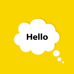 Speech bubble with text Hi, Hello. White bubble message hi in yellow background. Trendy vector banner, poster and label.