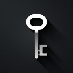 Silver House key icon isolated on black background. Long shadow style. Vector Illustration.