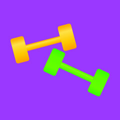 Two dumbbells yellow and green on a purple background, vector illustration