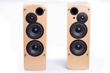 Large speakers in a wooden case on a white background