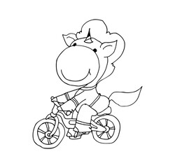 Coloring book for kids - baby unicorn riding a bike. Black and white cute cartoon unicorns. Vector illustration.	