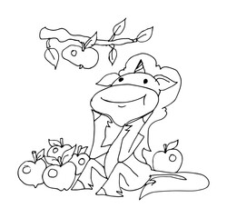 Coloring book for kids - baby unicorn happy sitting under a branch with apples surrounded by apples. Black and white cute cartoon unicorns. Vector illustration.	