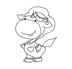 Coloring book for kids - baby unicorn walks in an academic hat. Black and white cute cartoon unicorns. Vector illustration.	
