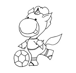 Coloring book for kids - baby unicorn tongue sticking out playing football. Black and white cute cartoon unicorns. Vector illustration.	