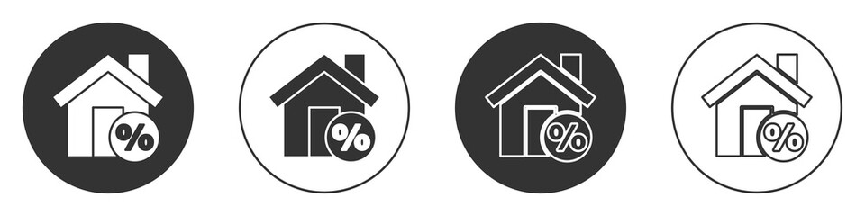 Black House with percant discount tag icon isolated on white background. House percentage sign price. Real estate home. Circle button. Vector Illustration.