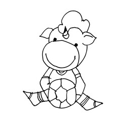 Coloring book for kids - baby unicorn is sitting with a soccer ball in his hands. Black and white cute cartoon unicorns. Vector illustration.	