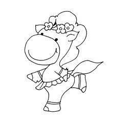 Coloring book for kids - baby unicorn dancing. Black and white cute cartoon unicorns. Vector illustration.	