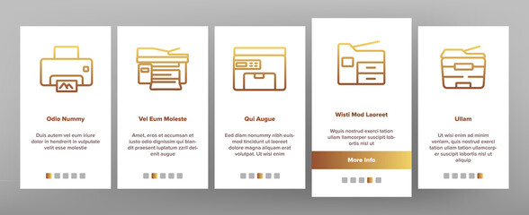 Photocopier Device Onboarding Mobile App Page Screen Vector. Professional Photocopier And Scanner Equipment And Ink, Electronic Multifunctional Printer Illustrations