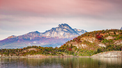 Panoramic view over beautiful sunset at Ensenada Zaratiegui Bay in Tierra del Fuego National Park,...