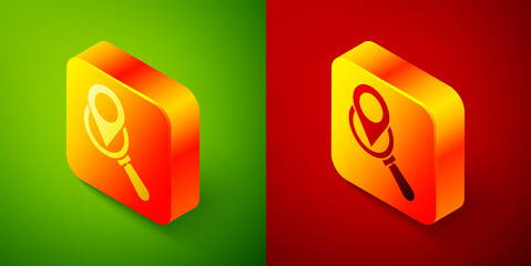 Isometric Search location icon isolated on green and red background. Magnifying glass with pointer sign. Square button. Vector Illustration.