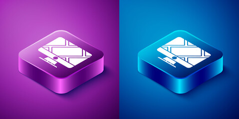 Isometric Computer monitor and folded map with location marker icon isolated on blue and purple background. Square button. Vector Illustration.