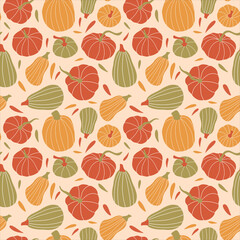 Pumpkin seamless pattern. Red,green,yellow colors.Vector hand drawn illustration.