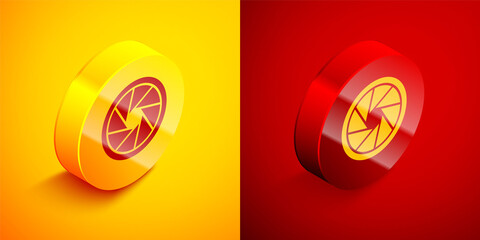 Isometric Camera shutter icon isolated on orange and red background. Circle button. Vector Illustration.