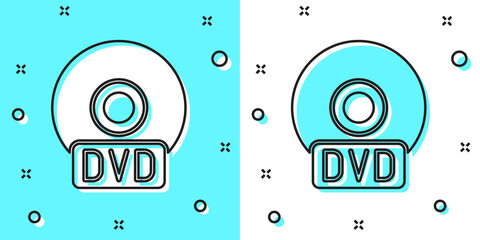 Black line CD or DVD disk icon isolated on green and white background. Compact disc sign. Random dynamic shapes. Vector Illustration.