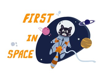 Fun cat astronaut in space. Vector cartoon charters. Editable vector illustration.