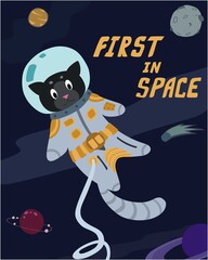 Fun cat astronaut in space. Vector cartoon charters. Editable vector illustration.