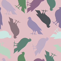 Endless multi-colored pattern of pigeon birds on a pink background