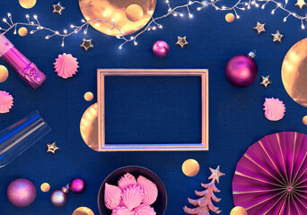 Christmas background with golden and pink decorations, copy-space
