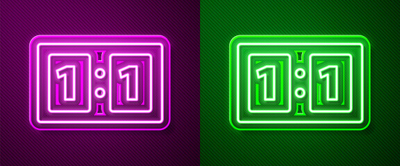 Glowing neon line Sport mechanical scoreboard and result display icon isolated on purple and green background. Vector Illustration.