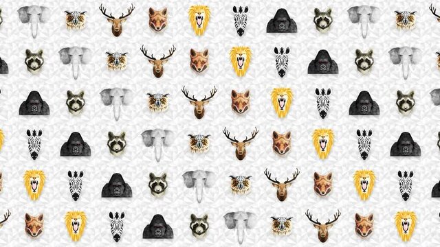 Collection of different animals. Zoo symbol. Low polygon icons. Lion, Gorilla, Zebra, Raccoon, Fox, Elephant, Deer, Owl. Geometric loop animation set.